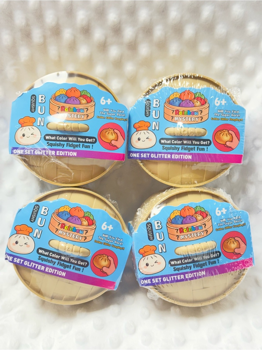 Rainbow Mystery Bun Dumplings Squishy Fidget - Gold Glitter Edition (Set of 4)
